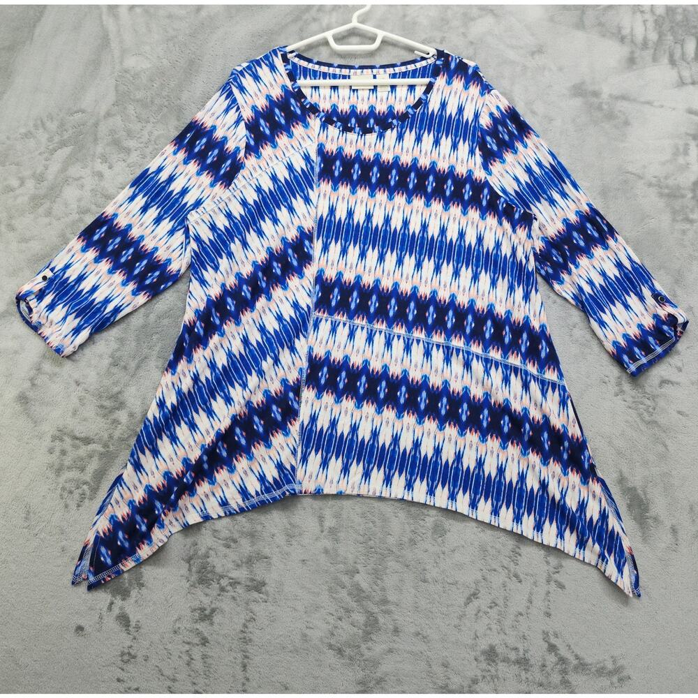 Chico's Zenergy Top Womens 3 XL/16‎ Coastal Blue Ikat Seam Detail Tunic Stretch